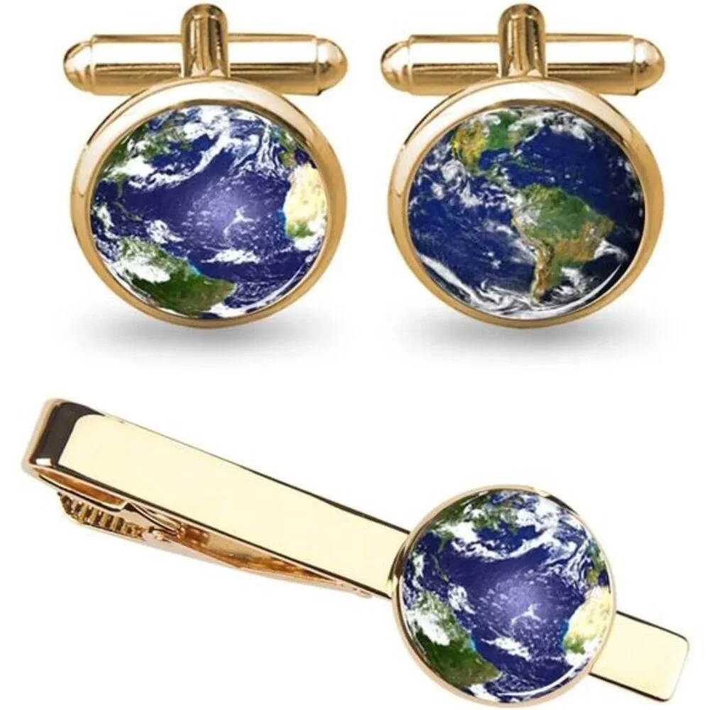 Men's Vintage Earth Cufflinks Tie Clip Set